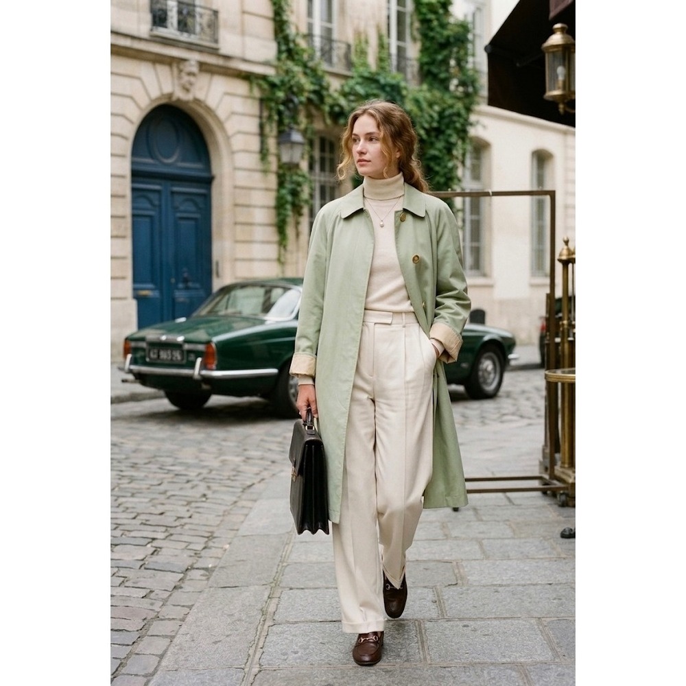 Vintage Burberrys' Mint Sage Green Mac Trench Coat Size 12L w/ Hanger & Dust Bag - Picture 1 of 11